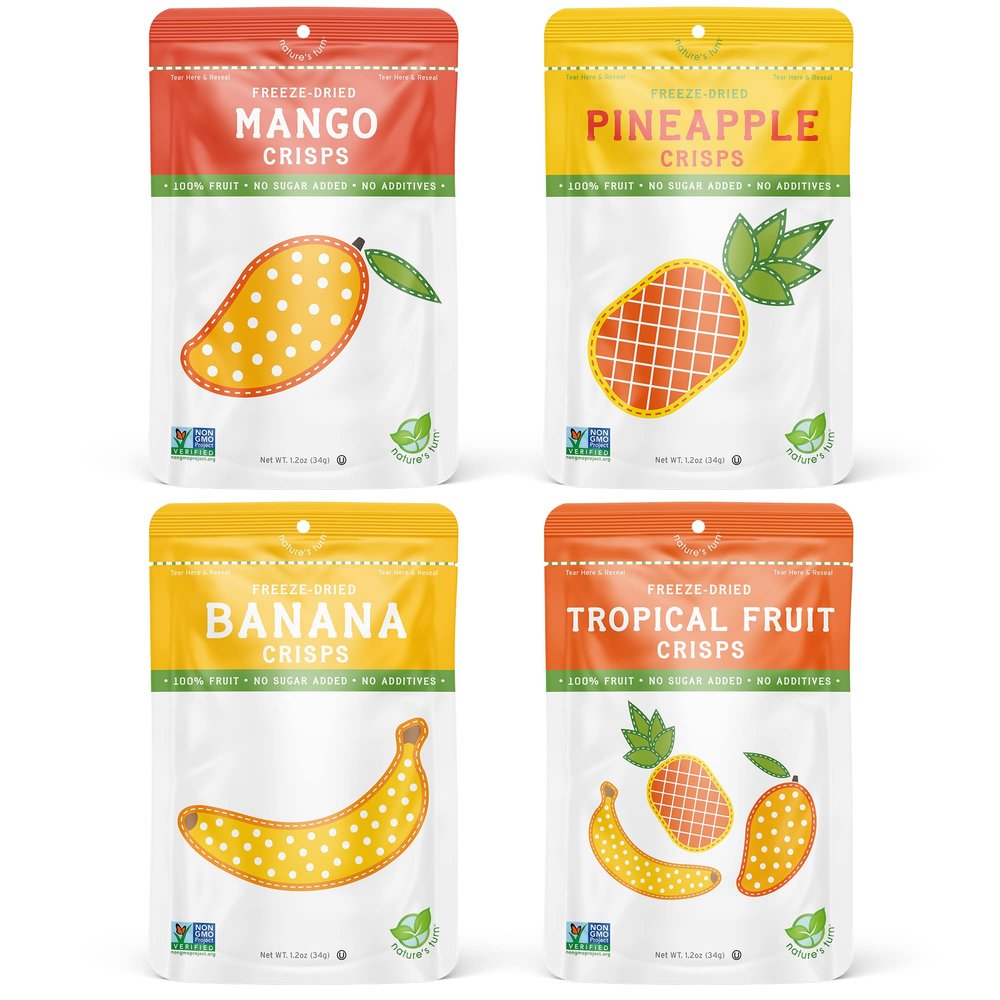 Natures Turn Freeze-Dried Mixed Tropical Fruit Crisps  Healthy, Gluten-Free, Crispy & Delicious, Plant-Based Snack, Ideal for Cereal, Smoothies, School Lunches, & On-the-Go, Bags of 4 (1.2 oz Each)