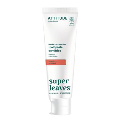 Attitude Fluoride-Free Sensitive Toothpaste, Spearmint Flavor, Vegan & Cruelty-Free, Sugar-Free, Plant & Mineral-Based Ingredients, Clean Oral Care, 4.2 Oz