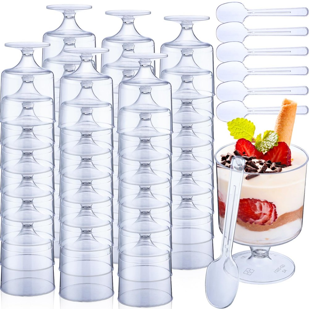 Nuogo 200 Pcs Dessert Cups with Spoons 100 Pcs 5 oz Mini Clear Plastic Parfait Cup with 100 Spoon Disposable Dessert Goblets Appetizer Cup for Summer Party Mousse Pudding Ice Cream(Transparent Color)
