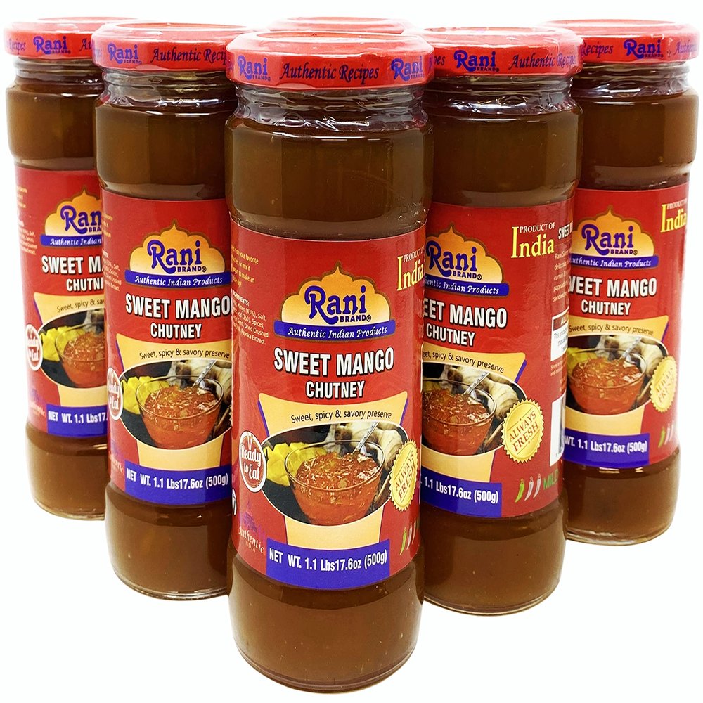 Rani Sweet Mango Chutney (Indian Preserve) 17.6oz (500g) 1.1lbs Glass Jar, Ready to eat, Vegan, Pack of 5+1 ~ Gluten Free, All Natural, NON-GMO
