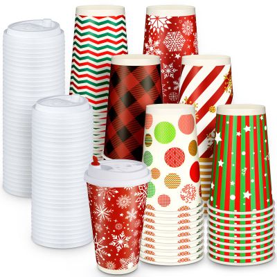 WILLBOND 60 Pcs Hot Chocolate Coffee Cups Christmas Party Favor Gift Disposable Coffee Cups 16 oz Holiday Hot Cocoa Bar Kit with Lid Bulk Tea Drinking Beverage Tableware Movie Night Supplies, 6 Design