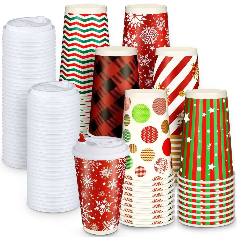 WILLBOND 60 Pcs Hot Chocolate Coffee Cups Christmas Party Favor Gift Disposable Coffee Cups 16 oz Holiday Hot Cocoa Bar Kit with Lid Bulk Tea Drinking Beverage Tableware Movie Night Supplies, 6 Design