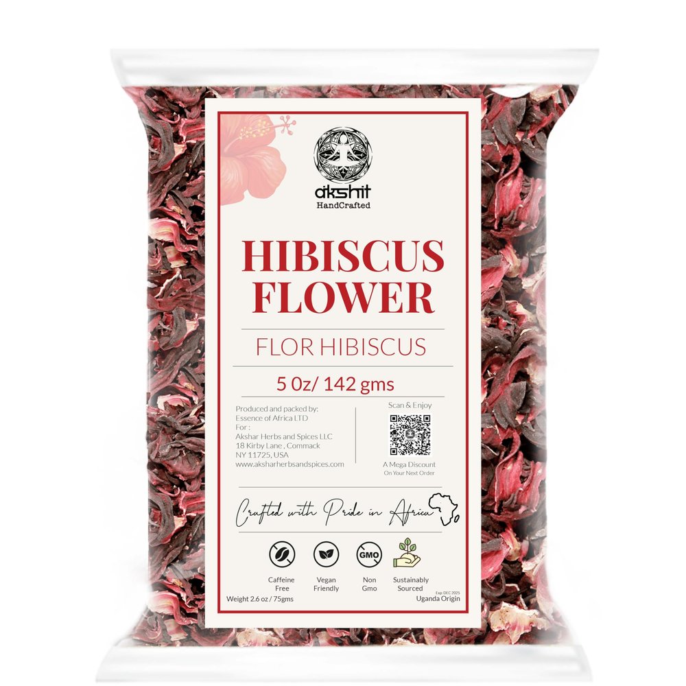 Akshit Dried Hibiscus Flowers, 5oz, Loose Tea, Flor De Jamaica, Dried Hibiscus Flower/Petals, Herbal Tea, Caffeine free, Gluten Free.