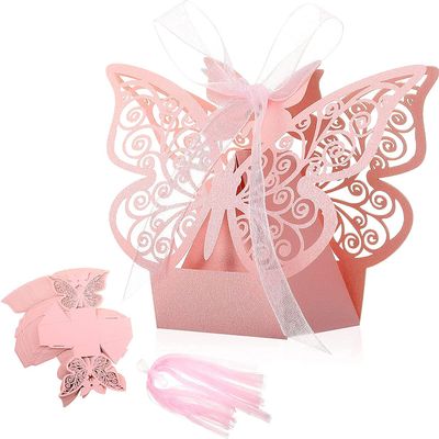50 PCS Laser Cut Butterfly Wedding Favor Boxes with Ribbons, Hollow Butterfly Candy Chocolate Gift Boxes, DIY Party Romantic Small Souvenir Boxes for Wedding Bridal Birthday Shower Supplies (Pink)