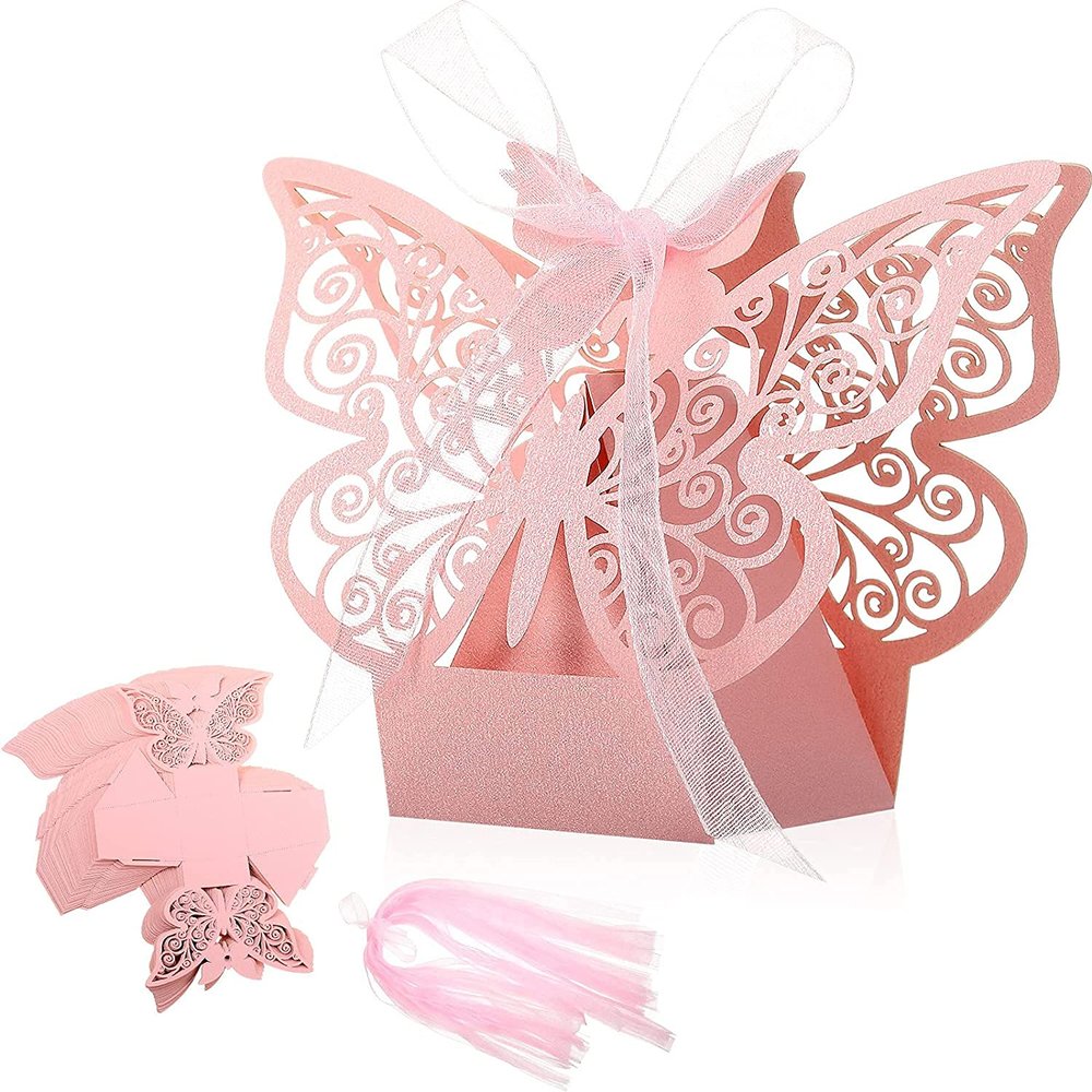 50 PCS Laser Cut Butterfly Wedding Favor Boxes with Ribbons, Hollow Butterfly Candy Chocolate Gift Boxes, DIY Party Romantic Small Souvenir Boxes for Wedding Bridal Birthday Shower Supplies (Pink)