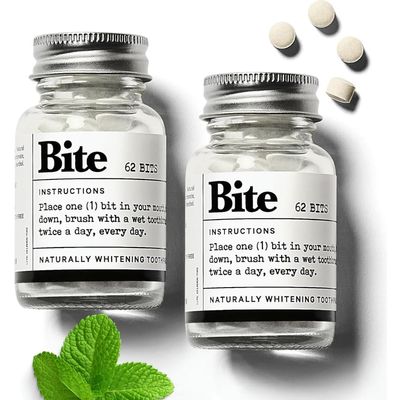 Bite Whitening Toothpaste Tablets 2 Months Fluoride Free, Nano Hydroxyapatite + Xylitol, Mint Vegan, Cruelty-Free, Made in USA, Sensitive Teeth, Travel Size, Adults, Kids, (2 Bottles, 124 Tabs)