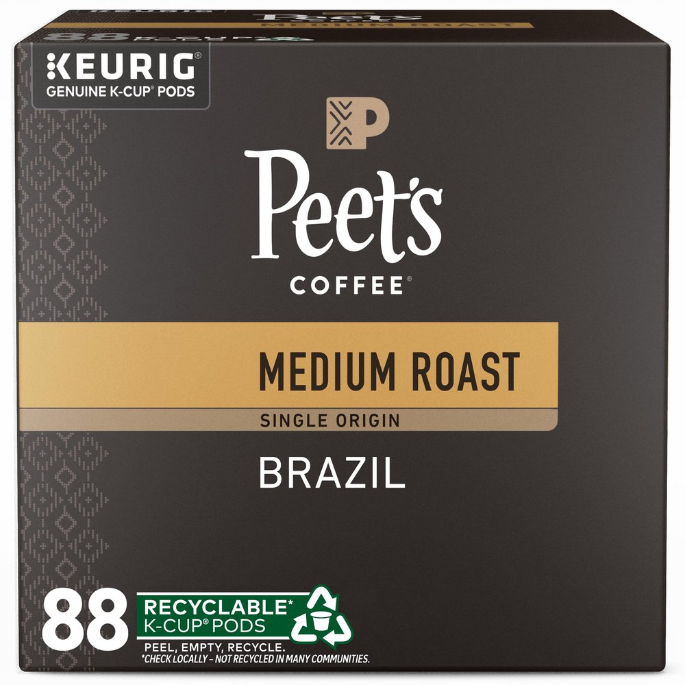 Peet's Coffee, Medium Roast Keurig K-Cup Pods, 100% Arabica Coffee - Single Origin Brazil 88 Count (4 Boxes of 22 Pods)
