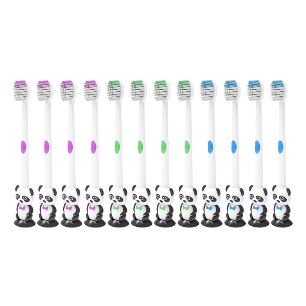 12 Pieces Kids Cartoon Panda Toothbrush Soft Bristles with Sunction Cup Individually Wrapped for Boys and Girls Toddler 3-12 Years Colorful