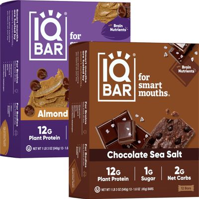 IQBAR Brain and Body Keto Protein Bars - Chocolate Sea Salt and Almond Butter Chip - 12 Count Energy Bars - Low Carb Protein Bars - High Fiber Vegan Bars Low Sugar Meal Replacement Bars
