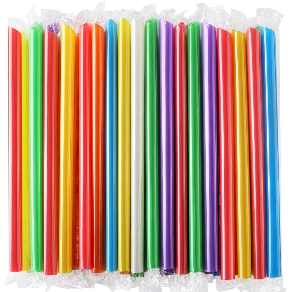 [Individually Wrapped] ANGLED TIPS 100 Pcs Disposable Jumbo Smoothie Straws, Wide Multi Colors Milkshakes Plastic Drinking Straws, BPA FREE (9.45" Long and 0.43" Diameter)