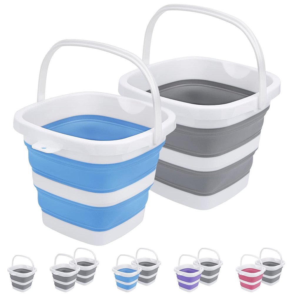 2 Pack Collapsible Buckets 5L 1.3Gallon Small Cleaning Bucket for Household Portable Plastic Bucket Outdoor Car Washing Tub Foldable Camping Beach Sand Water Pot Pail Space Saving Square Grey and Blue