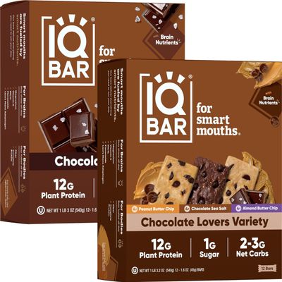 IQBAR Brain and Body Keto Protein Bars - Chocolate Lovers Variety and Chocolate Sea Salt - 12 Count Energy Bars - Low Carb Protein Bars - High Fiber Vegan Bars Low Sugar Meal Replacement Bars