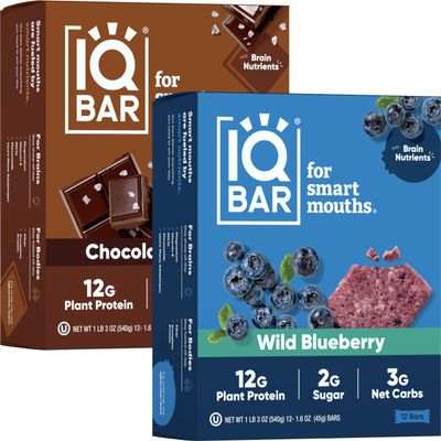 IQBAR Brain and Body Keto Protein Bars - Chocolate Sea Salt and Wild Blueberry - 12 Count Energy Bars - Low Carb Protein Bars - High Fiber Vegan Bars Low Sugar Meal Replacement Bars