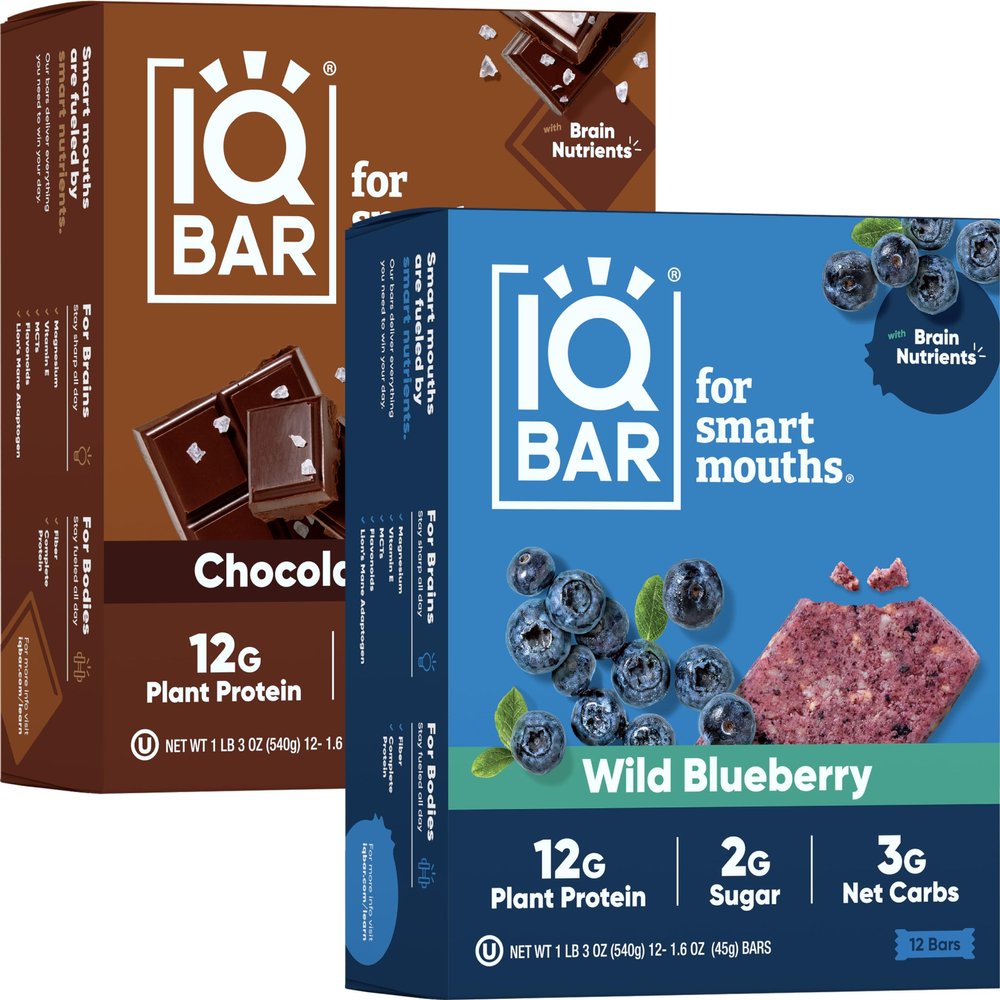 IQBAR Brain and Body Keto Protein Bars - Chocolate Sea Salt and Wild Blueberry - 12 Count Energy Bars - Low Carb Protein Bars - High Fiber Vegan Bars Low Sugar Meal Replacement Bars