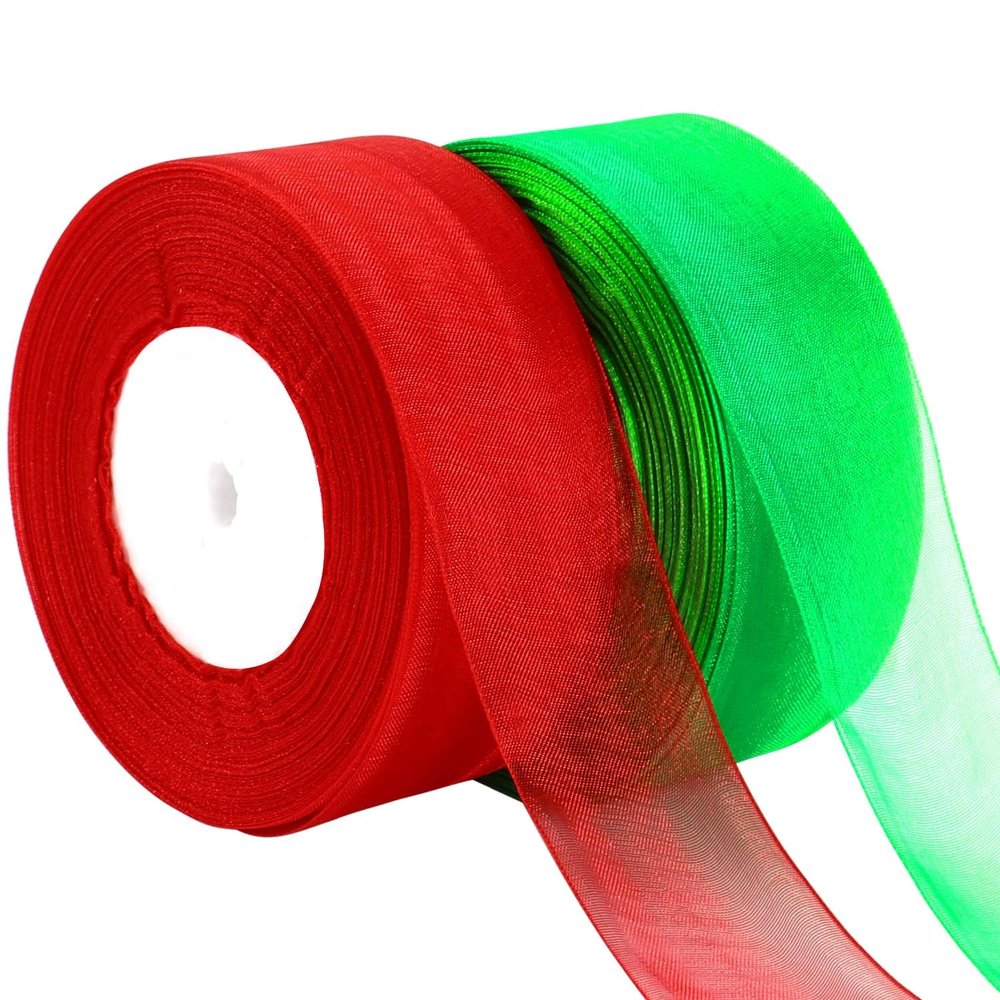 DECYOOL 2 Rolls 100 Yards Christmas Ribbons Organza Holiday Festival Ribbons 1.6" Wide for Gift Wrapping Decoration, Red & Green