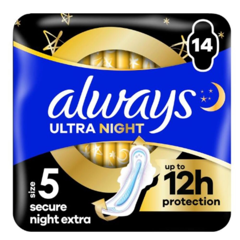 Always Ultra Sanitary Pads Secure Night Extra (Size 5) Wings Pack of 14, Super Absorbent and Ultra Thin for Menstruation