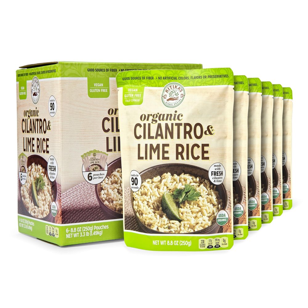Ritikas Global Grains Certified Organic Cilantro Lime Rice, Ready in 90 Seconds, 8.8 oz Pouches (6-Count Pack)