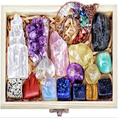 16 Natural Crystals Set In Wooden Box - Tumbled Gemstones, Rough & Raw, Including Selenite Tower, Raw Black Tourmaline, Amethyst Geode, Rose Quartz, Lapiz Lazuli, Citrine & Tiger Eye,16 Crystals