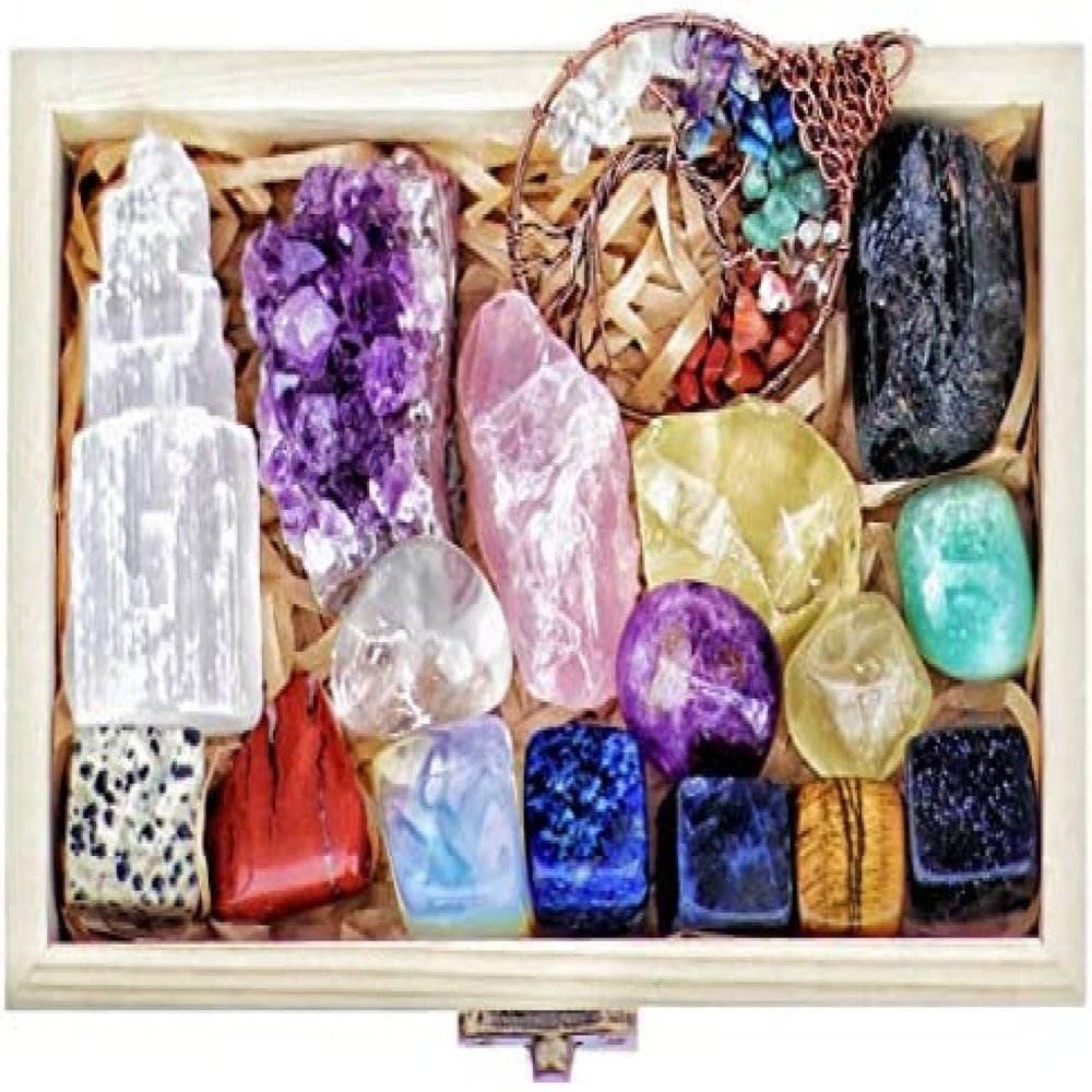 16 Natural Crystals Set In Wooden Box - Tumbled Gemstones, Rough & Raw, Including Selenite Tower, Raw Black Tourmaline, Amethyst Geode, Rose Quartz, Lapiz Lazuli, Citrine & Tiger Eye,16 Crystals