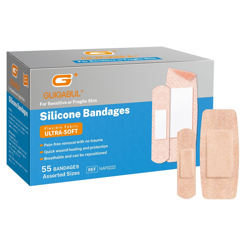 Painless Removal Silicone Bandages for Elderly Sensitive Skin - 40 Counts 0.75''x3'' Medium and 15 Counts 1.63''x4'' Extra Large Bandages by G+ GUIGABUL - Hypoallergenic - Latex Free