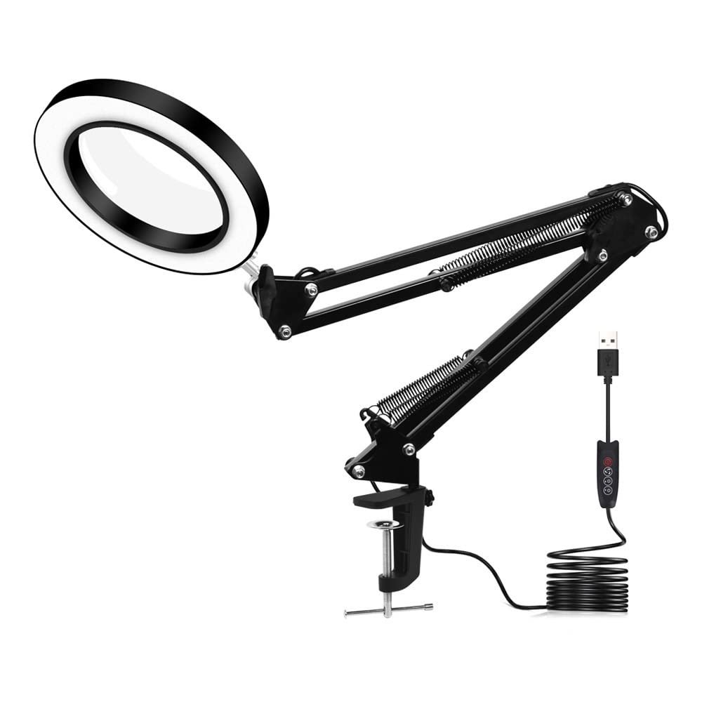 Feilx 5X Magnifying Glass with Light,3 Color Modes Stepless Dimmable, Hands Free LED Lighted Magnifier with Light and Stand for Reading Crafts Repair