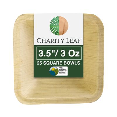 Charity Leaf Disposable Palm Leaf 3.5" Square Mini Bowl (25 pcs) Dipping Bowls | Bamboo Like| All Natural and Biodegradable | Charcuterie Boards, BBQs, and Parties