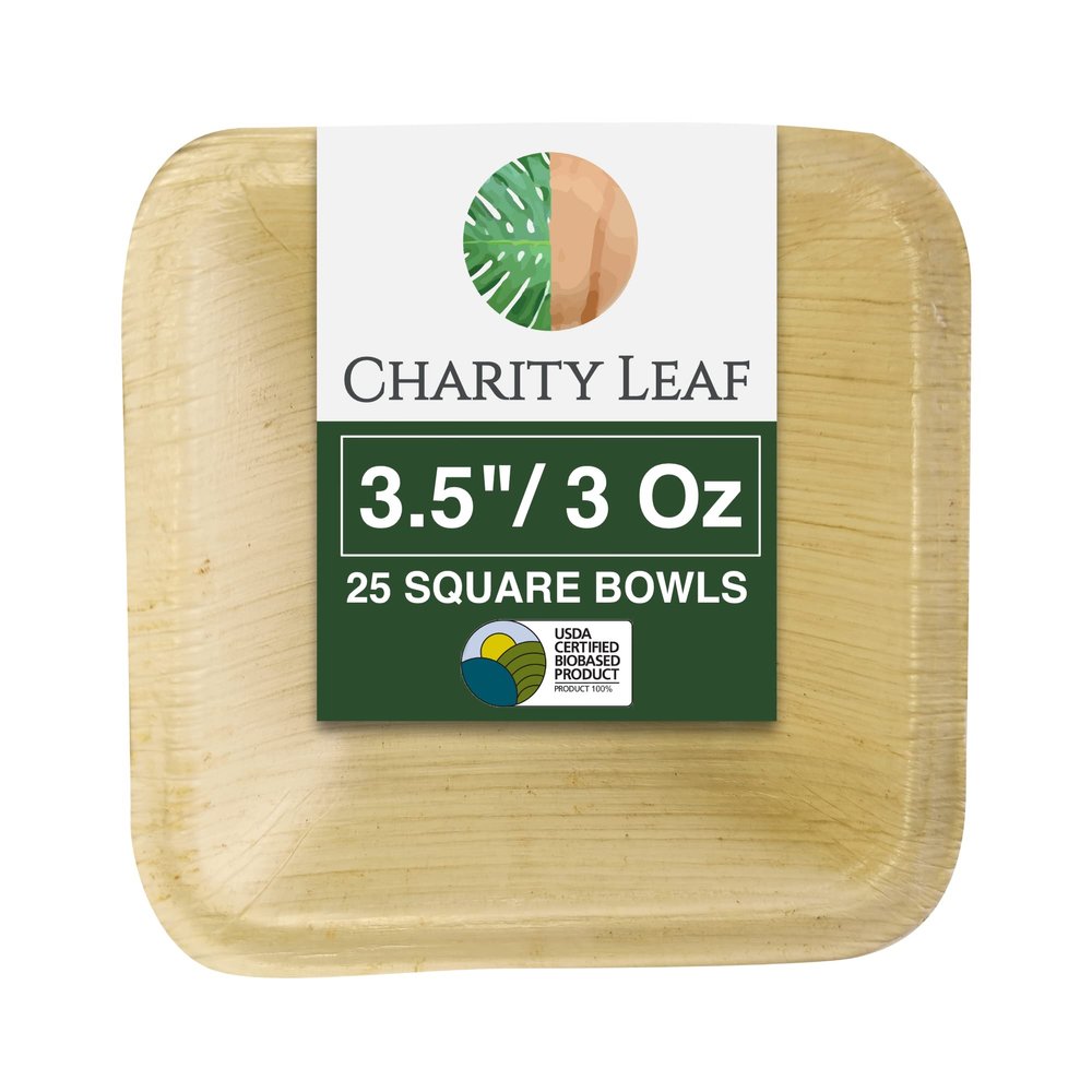 Charity Leaf Disposable Palm Leaf 3.5" Square Mini Bowl (25 pcs) Dipping Bowls | Bamboo Like| All Natural and Biodegradable | Charcuterie Boards, BBQs, and Parties