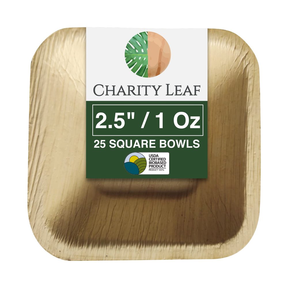 Charity Leaf Disposable Palm Leaf 2.5" Square Mini Bowl (25 pcs) Dipping Bowls | Bamboo Like| All Natural and Biodegradable | Charcuterie Boards, BBQs, and Parties