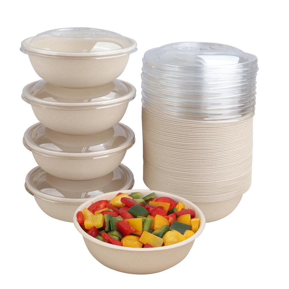 JAYEEY 28 oz Disposable salad bowls with lids, Sugarcane Fiber Paper Bowls Deli Container 50 Pack