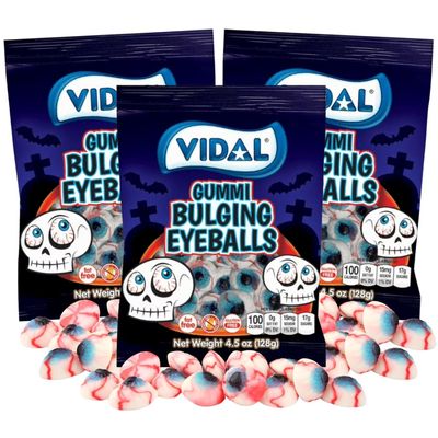 Halloween Gummy Bulging Eyeballs, Individually Bagged Candies, Freaky Candy Packs, (Pack of 3)