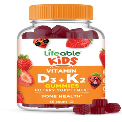Lifeable Kids Vitamin D3 K2 Gummies | 500iu D3 and K2 100mcg | Great Tasting D3 and K2 Supplements | for Bone Health and Immunity | VIT D3 K2 for Kids | 60 Gummies