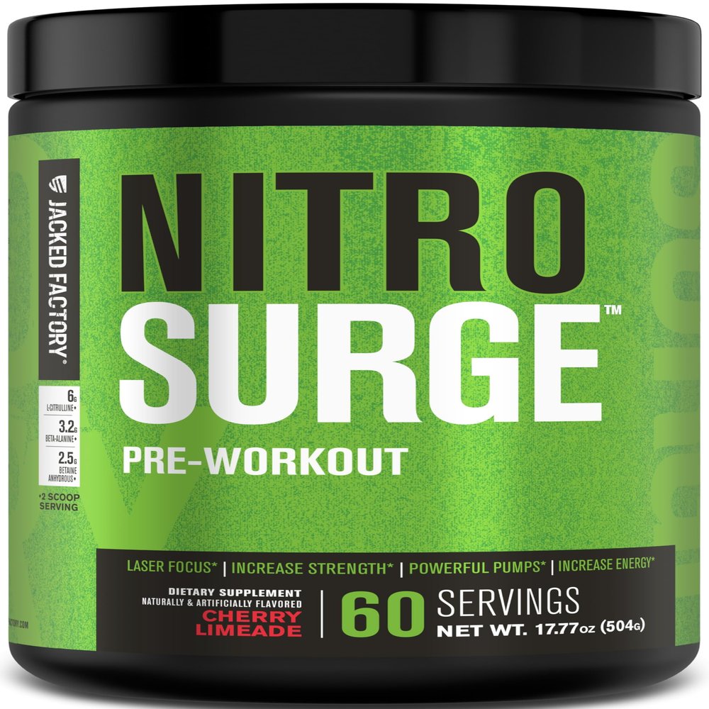 Jacked Factory NITROSURGE Pre Workout Supplement - Endless Energy, Instant Strength Gains, Clear Focus, Intense Pumps - NO Booster & Powerful Preworkout Energy Powder - 60 Servings, Cherry Limeade