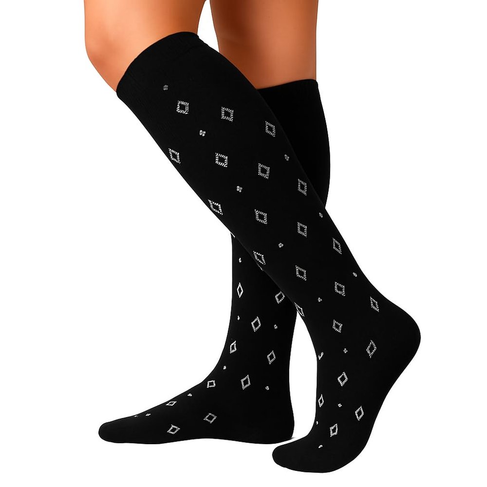 Compression Socks for Women & Men 1 Pair - 20-30 mmHg Knee High Stockings with White Diamond Pattern, Long Socks with Non Slip Cuff Providing Reliable Leg Support for Travel, Nursing, Sport (X-Large)