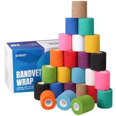 BANDVET WRAP Self Adhesive Bandage Wrap - Pack of 24, Assorted Colors, Non-Woven, Breathable & Water-Resistant Vet Wrap for First Aid, Sports Injury, Body Sprains, & Pets - 2 Inch x 5 Yards