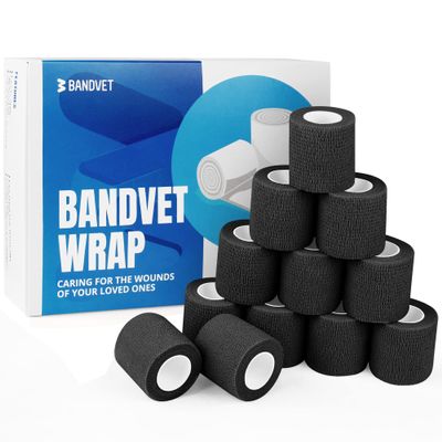 BANDVET WRAP Self Adhesive Bandage Wrap - Pack of 12 Black Color, Non-Woven, Breathable & Water-Resistant Vet Wrap for First Aid, Sports Injury, Body Sprains, & Pets - 2 Inch x 5 Yards