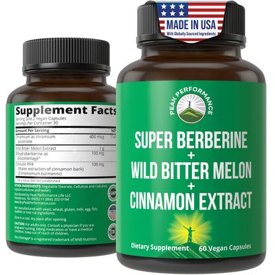 Ultra High Strength 4-in-1 Super Berberine Patented GlucoVantage + Wild Bitter Melon + Cinnamon Extract + Chromium Picolinate Vegan Capsules. Great Supplement to Support After-Meal Spikes and Energy