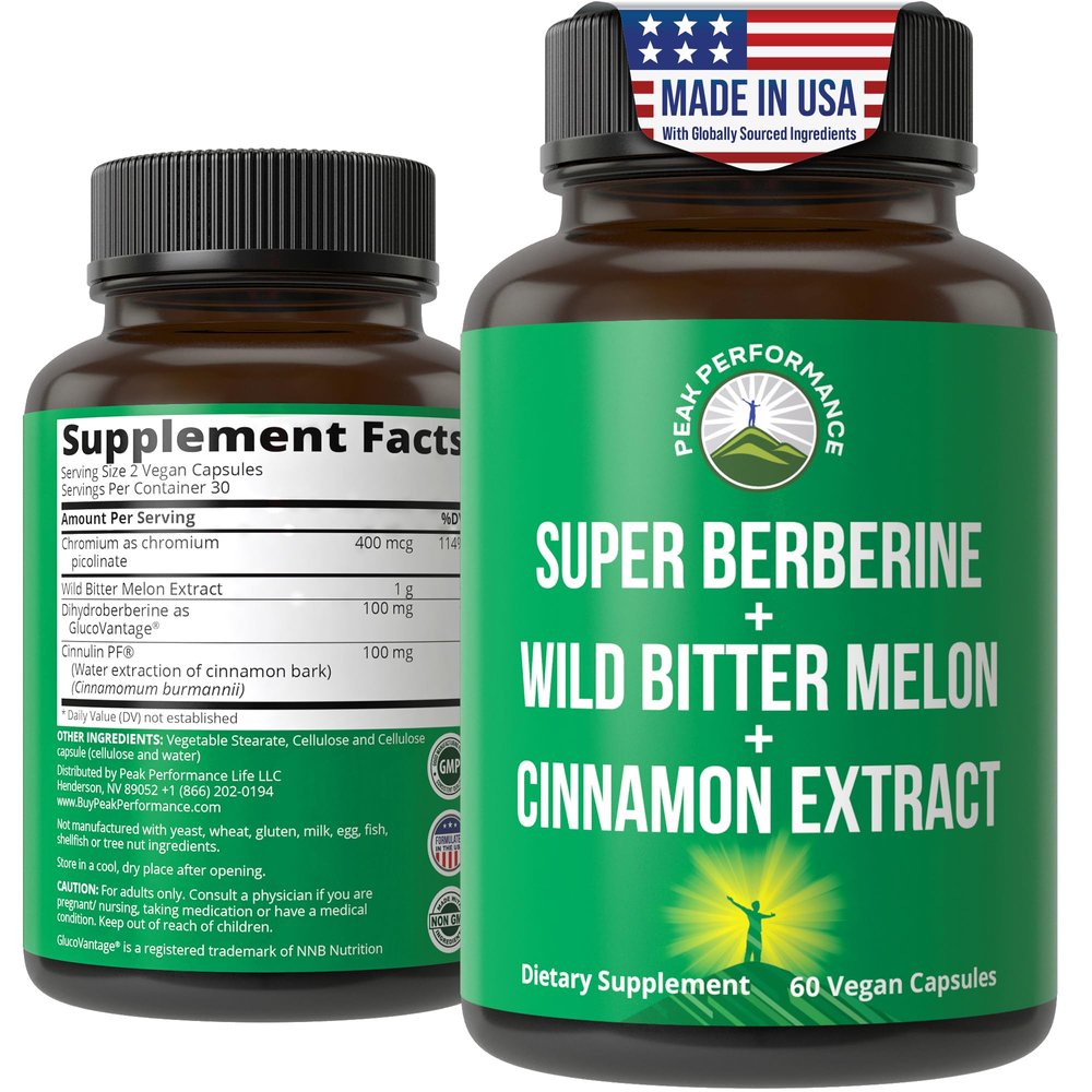 Ultra High Strength 4-in-1 Super Berberine Patented GlucoVantage + Wild Bitter Melon + Cinnamon Extract + Chromium Picolinate Vegan Capsules. Great Supplement to Support After-Meal Spikes and Energy