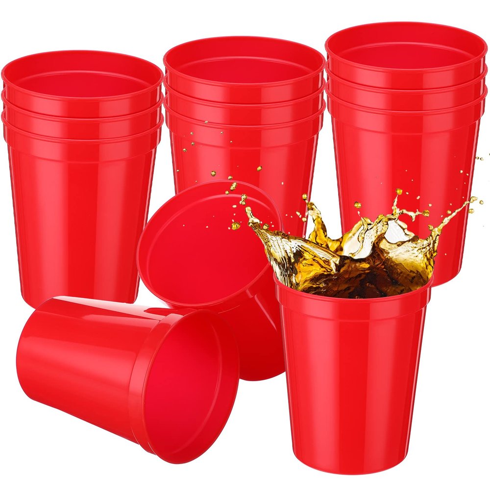 Yungyan 12 Pack 16oz Stadium Cups Reusable Plastic Cups Blank Drink Tumblers for Parties, Events, DIY Projects, 4.5 x 3.54 x 2.72 Inch (Red)
