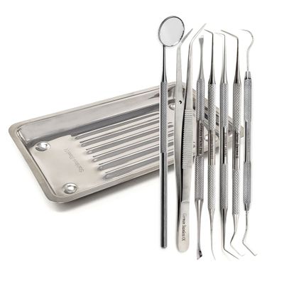 Dental Pick Floss 7 Pcs Hygiene Tool Set Tooth Scraper Plaque Tartar Remover Dental Tweezers with a Scaler Tray Made of Stainless Steel for Personal & Professional Oral Care Use