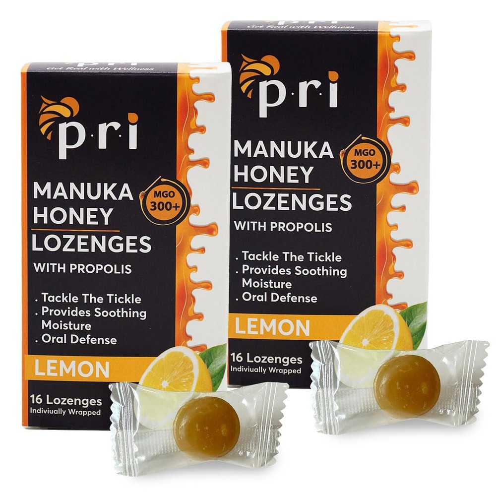 P.R.I Manuka Honey Lozenges with Propolis, Soothing Cough and Throat Drops, MGO 300+ Certified, (Lemon, 16 Count/2 Pack)