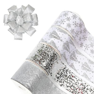 UNIQOOO 40 Yard 4 Rolls Seamless Silver Christmas Wired Ribbon Set, 2.5 inch x 10yd. Satin Burlap Wired Edge Ribbon for Xmas Tree Dcor, Gift Wrap Box, Bows, Wreath, Garland, Floral DIY Craft, Wedding