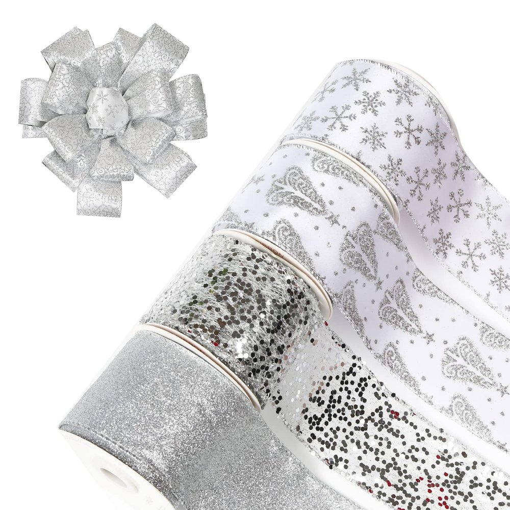 UNIQOOO 40 Yard 4 Rolls Seamless Silver Christmas Wired Ribbon Set, 2.5 inch x 10yd. Satin Burlap Wired Edge Ribbon for Xmas Tree Dcor, Gift Wrap Box, Bows, Wreath, Garland, Floral DIY Craft, Wedding