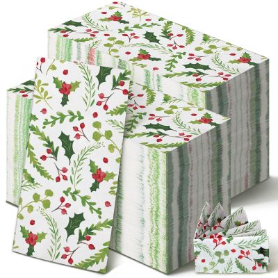 Jetec 200 Pcs Christmas Paper Napkins Disposable Berries Pine Guest Napkin 2 Ply Holly Berries Napkin Xmas Party Greenery Dinner Cocktail Hand Towels for Winter Holiday Kitchen Supplies