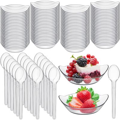 500 Pcs Mini Dessert Bowls with Spoons 1 oz Disposable Mini Dessert Plates Plastic Serving Bowls with Clear Plastic Spoons Ice Cream Plates Party Serving Trays for Appetizers, Chocolates, Fruit