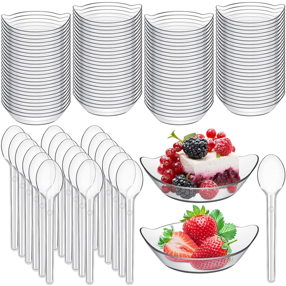500 Pcs Mini Dessert Bowls with Spoons 1 oz Disposable Mini Dessert Plates Plastic Serving Bowls with Clear Plastic Spoons Ice Cream Plates Party Serving Trays for Appetizers, Chocolates, Fruit
