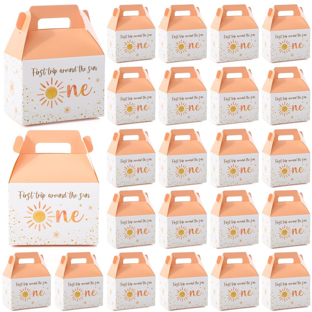 Fumete 24 Pieces First Trip Around The Sun Treat Boxes 1st Birthday Favors Candy Sun Goodies Cardboard Present Boxes with Handles for First Birthday Sunshine Party Favors, 4.7 x 2.4 x 5.1 Inch