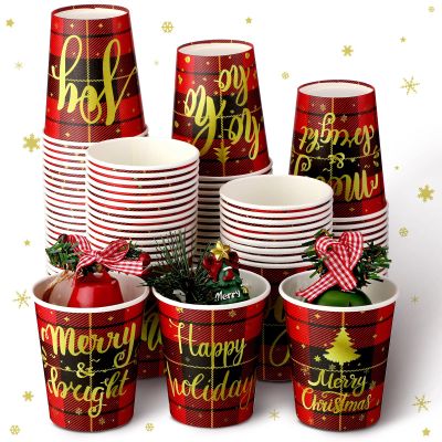 100 Pcs Christmas Disposable Paper Cups 9oz Buffalo Plaid Xmas Coffee Cups with Red Black 5 Design for Christmas Holiday Dinnerware Decorations Party Supplies, Cold Hot Drinks Chocolate Tea Cocoa