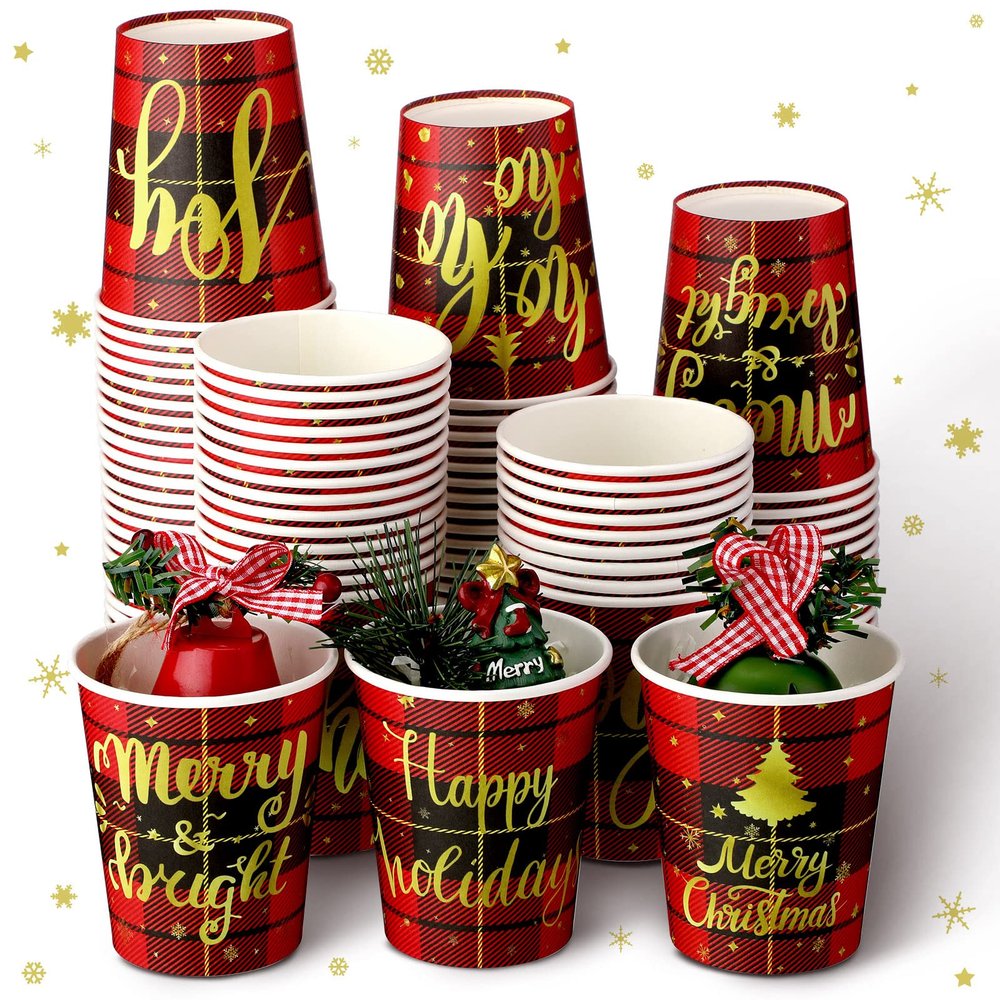100 Pcs Christmas Disposable Paper Cups 9oz Buffalo Plaid Xmas Coffee Cups with Red Black 5 Design for Christmas Holiday Dinnerware Decorations Party Supplies, Cold Hot Drinks Chocolate Tea Cocoa