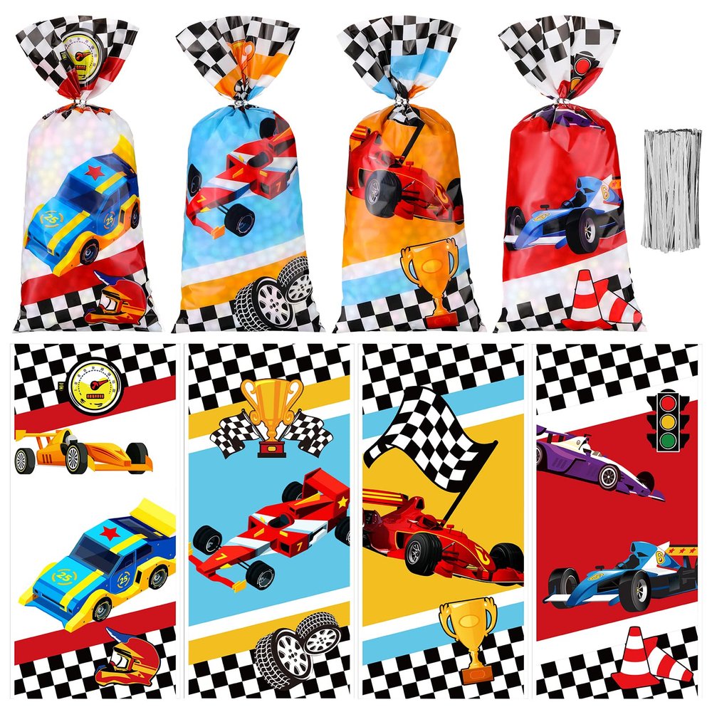 Spiareal 100 Pcs Race Car Party Treat Bags Cellophane Gift Treat Bag Goodie Candy Bags with Ties Boys Race Car 1 Count (Pack of 100)