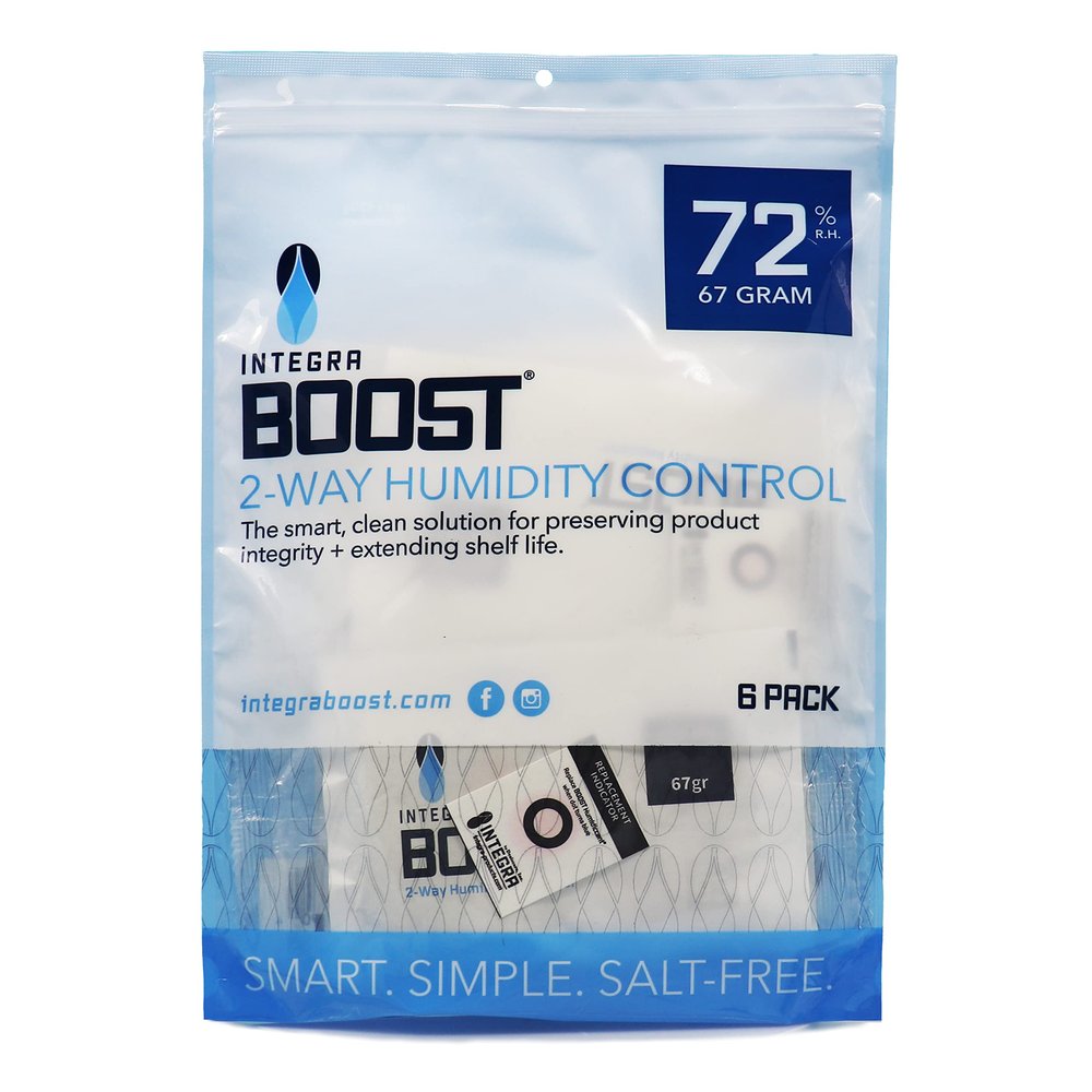 Integra Boost - 72% RH Level - 67 Gram Size - Two-Way Humidity Control Pack - Incl. Replacement Indicator Cards - Food Storage & Herbs Moisture Balancer For Up to 1 LB (Pack of 6)